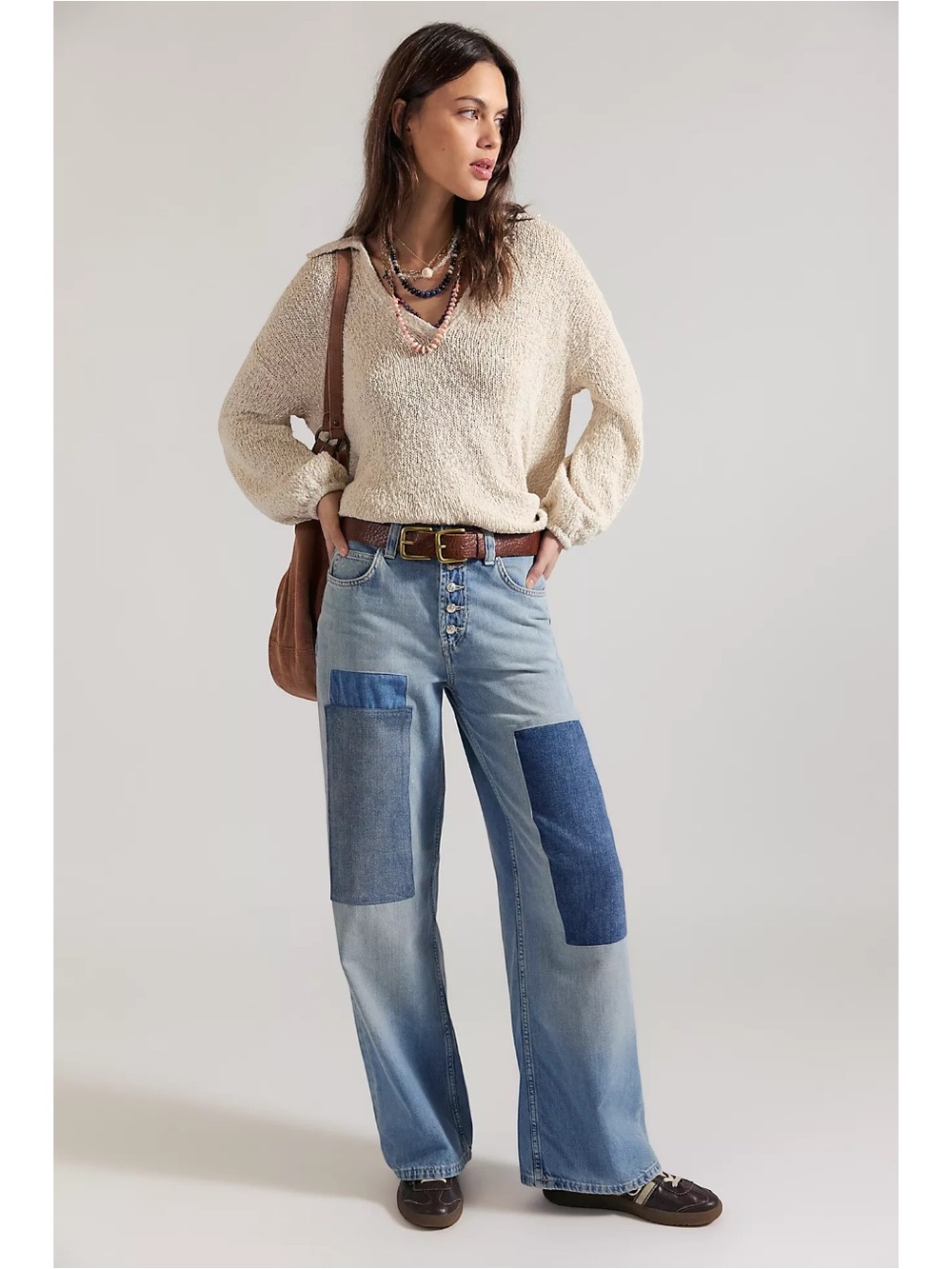 Free People Bohemian Nia Patchwork Wide Leg Baggy Boyfriend Jeans Size 33